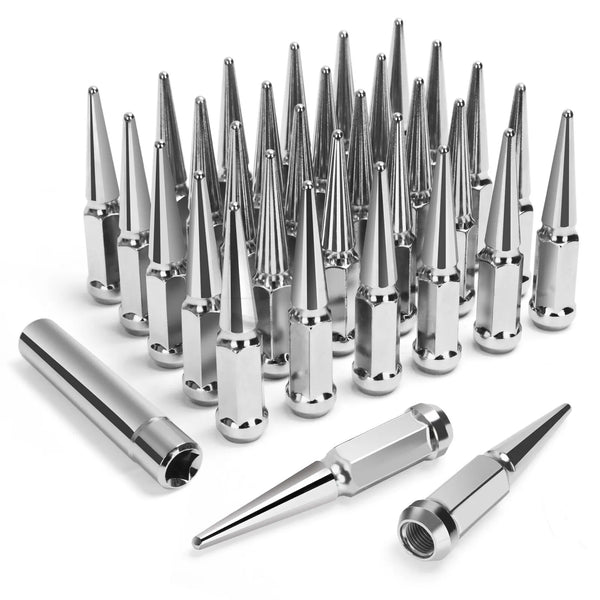 32Pcs 14x1.5 Spike Lug Nuts Chrome 4.5" w/ Key For Ram 2500 3500 Ford F-250