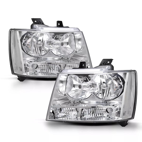 2007-2014 Chevrolet Tahoe Suburban Clear Headlamps Headlights Set of 2 Chrome Housing